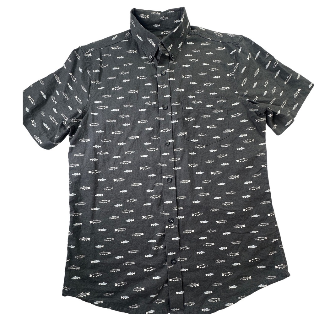 14th & Union Mens Grey Fish Print Short Sleeve Linen Blend Button Down Shirt M
